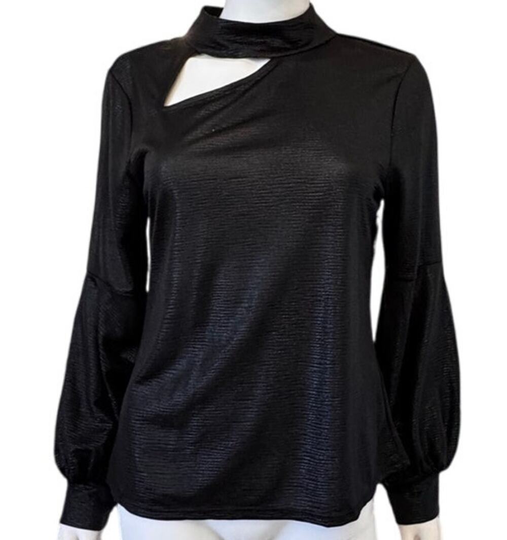 NEW HALOGEN Women’s Rich Black Cutout Mock Neck Top Size L